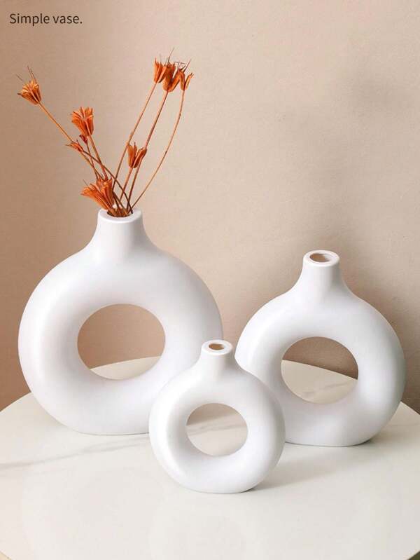 1/3 piezas Jarrón de estilo escandinavo moderno con forma de rosquilla - Diseño geométrico circular, adecuado para decoración del hogar y sala de estar, con inserto central de plástico para flores decorativas