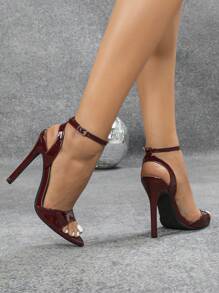 Jin Bei Qi 女士圆头漆皮交叉踝带细高跟凉鞋，酒红色时尚派对高跟鞋