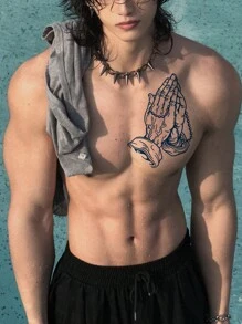 1pc Waterproof Buddha Palm Tattoo Sticker, Long Lasting Fake Tattoo, Prayer Hand & Beaded Pattern Temporary Tattoo, Waterproof Non-Reflective Easy To Use, Suitable For Men's Abdomen, Chest, Back, Lasts 7-14 Days, Must-Have For Parties, Music Festivals