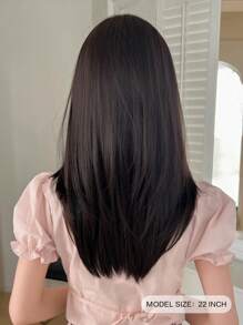NAMM 22英寸深棕黑色分层直发合成假发，带刘海，柔软耐热，适合日常佩戴 - Dark Brown - 查看 3