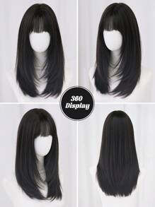 NAMM 22英寸深棕黑色分层直发合成假发，带刘海，柔软耐热，适合日常佩戴 - Dark Brown - 查看 5