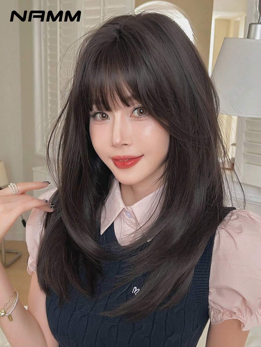 NAMM 22英寸深棕黑色分层直发合成假发，带刘海，柔软耐热，适合日常佩戴