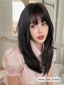 NAMM 22英寸深棕黑色分层直发合成假发，带刘海，柔软耐热，适合日常佩戴 - Dark Brown - 查看 4