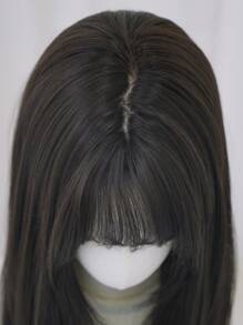 NAMM 22英寸深棕黑色分层直发合成假发，带刘海，柔软耐热，适合日常佩戴 - Dark Brown - 查看 6