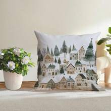 1 件水彩卡通圣诞雪屋冬屋树柔软毛绒印花抱枕套，适用于家庭、房间、卧室、庭院花园、客厅、汽车、沙发装饰，时尚舒适，采用柔软亲肤面料（不含枕芯）。改善睡眠质量，提供安全感，促进身体放松，缓解疲劳，减轻压力，优雅美观，可拆卸和清洗。