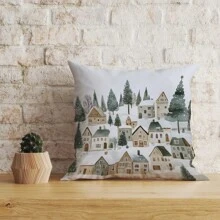 1 件水彩卡通圣诞雪屋冬屋树柔软毛绒印花抱枕套，适用于家庭、房间、卧室、庭院花园、客厅、汽车、沙发装饰，时尚舒适，采用柔软亲肤面料（不含枕芯）。改善睡眠质量，提供安全感，促进身体放松，缓解疲劳，减轻压力，优雅美观，可拆卸和清洗。