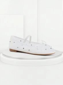 Womens Fashionable Mesh Ballet Flats Rhinestone Decoration Round Toe Bow Tie Slip On Mary Jane Shoe Dressy Spring Summer Casual Ballerina Shoes - trắng - Xem 7