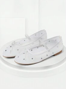 Womens Fashionable Mesh Ballet Flats Rhinestone Decoration Round Toe Bow Tie Slip On Mary Jane Shoe Dressy Spring Summer Casual Ballerina Shoes - trắng - Xem 1