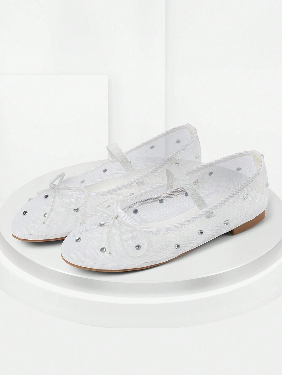 Womens Fashionable Mesh Ballet Flats Rhinestone Decoration Round Toe Bow Tie Slip On Mary Jane Shoe Dressy Spring Summer Casual Ballerina Shoes - trắng - Xem 1