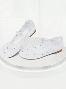 Womens Fashionable Mesh Ballet Flats Rhinestone Decoration Round Toe Bow Tie Slip On Mary Jane Shoe Dressy Spring Summer Casual Ballerina Shoes - trắng - Xem 5