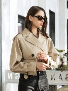 Fashion Trench Jacket Women With Belt Cropped Trench Jacket Autumn New Vintage Long Sleeve Female Chic Lady Coat Outfits - 卡其色 - 查看 8