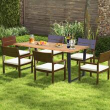 Homasis Patio Rectangle Dining Table Acacia Wood W/ 2'' Umbrella Hole Indoor & Outdoor Deck - Natural and Black - View 4