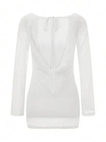 Women Mini Bodycon Dress Sequins Long Sleeve Tie-Up Backless Cocktail Dress Spring Fall Party Dress - White - View 5