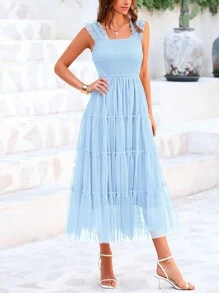 Women's Summer Mid-Length Dress Casual Sleeveless Pleats Ruffled Tulle Flowing New Year Party Wedding Guest Sundress - 淺藍 - 查看 5