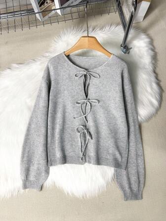 [上衣] 纯色扭纹前长袖开衫，极简风，办公装，复古，简约，法式，女式前系带纯色针织开衫，可穿在纽扣衬衫外面，超大可爱开衫