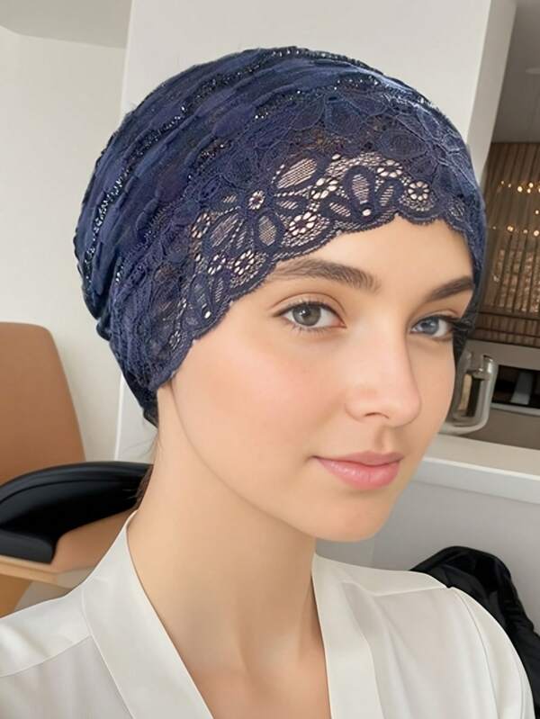 1pc Shimmery Polyester Lace Splicing Solid Color Headscarf For Women, Elegant, Exquisite, Breathable, Covers Hair, Suitable For Daily Commute, Gathering, Outing, All Season Valentines