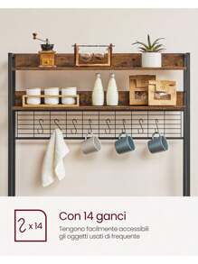 VASAGLE Scaffale Cucina con Multipresa, Scaffale per Microonde, Mobile Cucina, con Pannello a Rete Metallica, 14 Ganci, 40 x 100 x 170 cm, Marrone Vintage e Nero - Spina tipo C UE (220-240 V) - Visualizzare 7