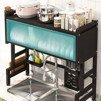 1pc - Multi Functional Kitchen Sink Storage Rack With Cabinet Door, Sink And Bowl Rack Storage, Equipped With Knife Holder And Chopstick Holder, Perfect For Dishwashing Essentials And Practical Hooks