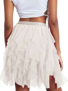Women Tulle Tutu Skirt Solid Color Elastic Layered Mesh Fairy A-Line Skirt For Beach Party Streetwear - White - View 2