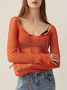 Womens Knit Crop Tops Fashion Long Sleeve Tie-Up Front Solid Color T-Shirts Crochet Tops - 橘色 - 查看 6