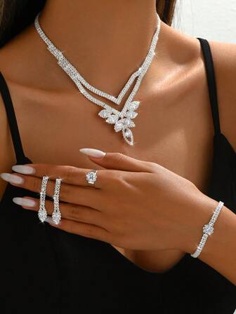 5 件/套钻石形派对珠宝配饰套装：项链、耳环、手链、戒指，优雅适合婚纱、晚礼服、新年庆典