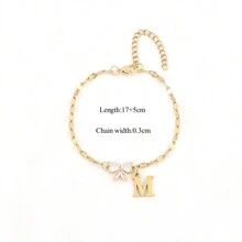 1件简约时尚水晶蝴蝶结字母不锈钢金色唇链手链，女士款 - 款式2 - 查看 2