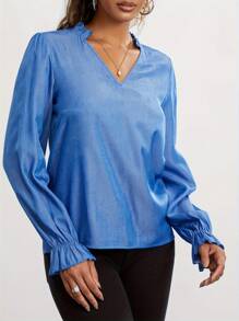Womens Notched V Neck T-Shirts Fashion Long Sleeve Solid Color Loose Frill Tops Spring Summer Shirts - 藏青色 - 查看 6
