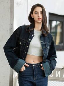 HH Dames Mode Effen Denim Revers Lange Mouwen Jas Top