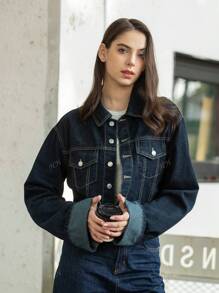 HH Dames Mode Effen Denim Revers Lange Mouwen Jas Top
