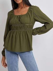 Women Solid Color Blouses Scoop Neck Ladder-Lace Trim Long Sleeve Shirts Spring Fall Casual Slim Fit Tops - Green - View 5