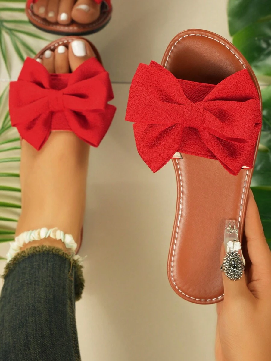 1 par de sandalias planas rojas con lazo decorativo, punta redonda y abierta, suela antideslizante, cómodas y elegantes sandalias romanas, adecuadas para interior, uso casual y fiesta de San Valentín - Rojo - Ver 1