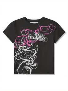 Women's Slim Gothic Tops Retro Abstract Print Short Sleeve Round-Neck Grunge T-Shirts Streetwear