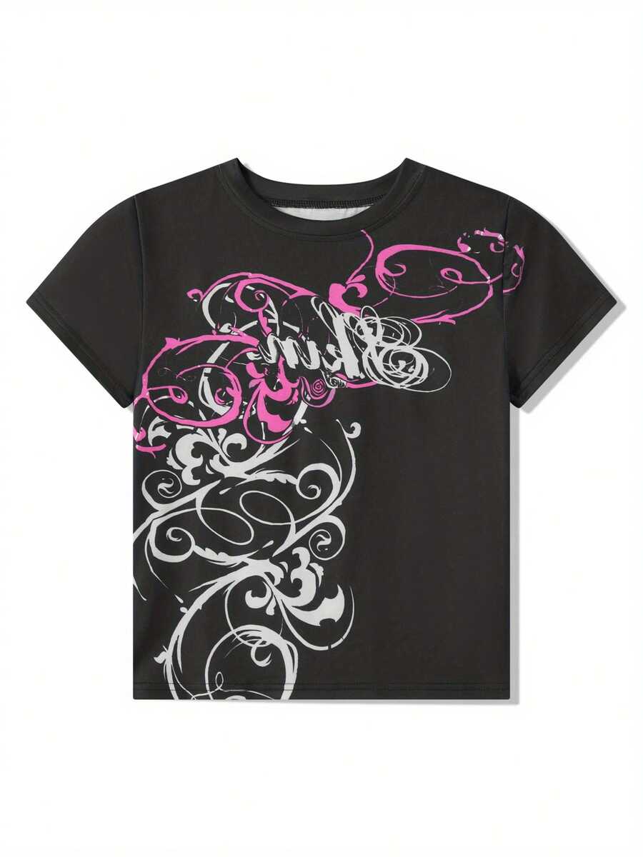 Women's Slim Gothic Tops Retro Abstract Print Short Sleeve Round-Neck Grunge T-Shirts Streetwear