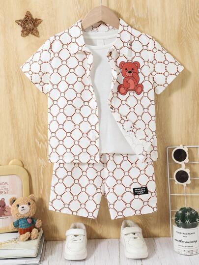 2 Pieces Young Boys Outfit - Shirt Set, Fashion Bear Pattern Design, Casual Fashion, Suitable For Summer Wear