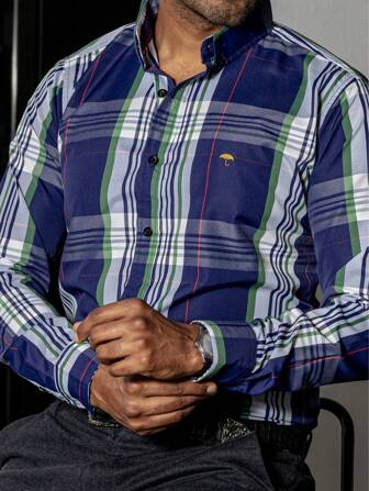 PLATINUM STORES Camisa Hombre Casual Manga Larga Cuadros Grandes Azul Verde Blancos Líneas Rojas Algodón Oficina Leñador Diaria Fiesta Vaquera Tela Suave Transpirable Ideal Reuniones Eventos Formales Informales Ropa Ligera Alta Calidad Diseño Atemporal Estilo Elegante Moderno Versátil