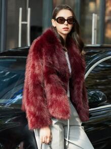 HH Faux Fur Jacket For Women Elegant Solid Lapel Long Sleeve Coat Casual Loose Female Winter Oversize Lady Chic Streetwear Jakcets - Burgundy - View 8