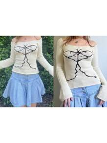 Suéter de mujer con hombros descubiertos, ajustado, estampado gráfico, manga larga, de punto, estilo vintage streetwear. - Blanco - Ver 4