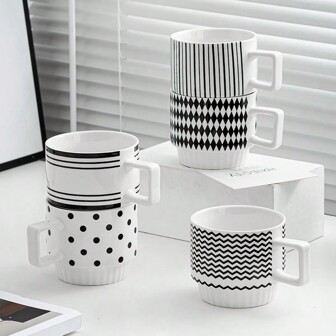 Nordic Black & White Geometric Pattern Stackable Ceramic Mugs, Milk & Coffee Cups, Gift Set Back To School