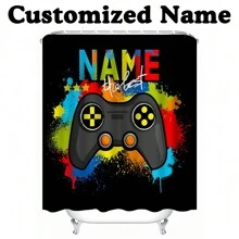 1 PIEZA Cortina de ducha impermeable personalizada con tema de juego, patrón personalizado de manija de juego y texto de fuente personalizada, regalo para amantes de los juegos, familia y amigos, cortina de ducha personalizada con nombre para bañera, impermeable y lavable a máquina con ganchos, adecuada para la decoración del baño en el hogar en todas las estaciones, accesorios de baño, decoración de otoño, de vuelta a la escuela