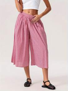 Women Y2k Gingham Pants High Wiast Wide Leg Plaid Pants Fall Going Out Pants Vintage Checkered Loose Fit Pants Cute Baggy Lounge Pants Palazzo Trousers Streetwear - Đỏ - Xem 2