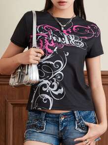 Women's Slim Gothic Tops Retro Abstract Print Short Sleeve Round-Neck Grunge T-Shirts Streetwear