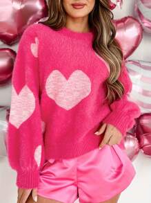 Women Valentine's Day Sweater Heart Pattern Fuzzy Long Sleeve Crew Neck Sweatshirts Loose Pullover Y2k Jumper Tops Fall Winter Clothes For Ladies Streetwear - 玫瑰紅 - 查看 2