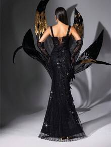 QOQ Women's Patchwork Sequins Back Strap Design Long Gown Dresses, Party Dress, Wedding Guest Dress, Formal Dress, Evening Dress - Black - View 2