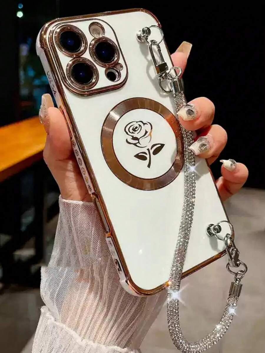 1pc Lovely Rose Electroplated Wireless Charge Glitter Bling Lanyard Phone Case Compatible With Iphone 16 15 14 13 12 11 Pro Max Plus Soft Silicone Back Cover - White - View 1