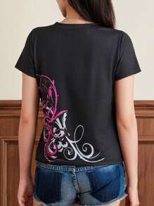 Women's Slim Gothic Tops Retro Abstract Print Short Sleeve Round-Neck Grunge T-Shirts Streetwear