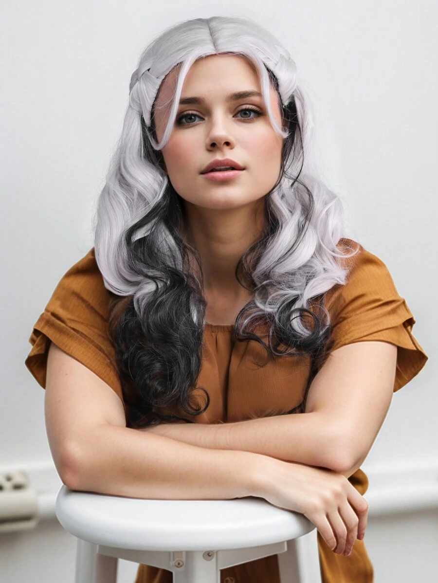 Black And White Gradient Wig 26 Inches Long Curly Hair With Bangs Long Night Cosplay Witch Night Random Gift Ladies Chemical Fibre Wig Hair Daily Cosplay Party Wig Valentine's Day Gift Random Favors - 黑白漸變 - 查看 1