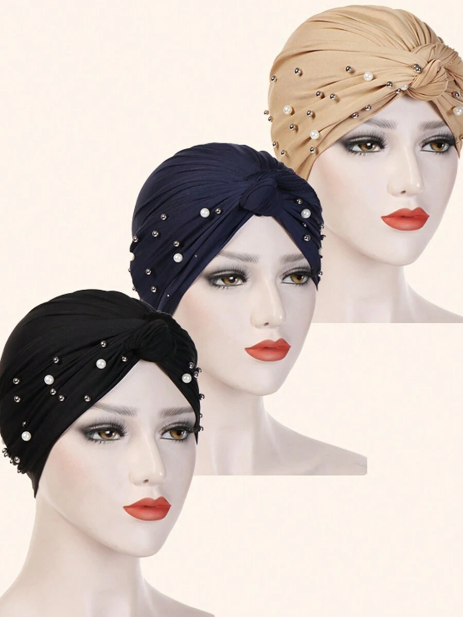 1pc Versatile Beaded Hijab Turban Cap, Muslim Head Cover - A - View 1