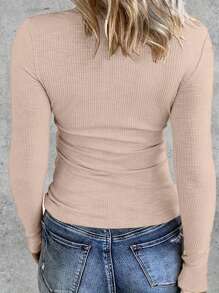 Women's Solid Color Ribbed T-Shirts Round Neck Long Sleeves Slim Fit Casual Crop Tops Stretchy Soft - Pink - View 2