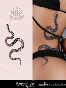 1 pieza Pegatina de tatuaje semipermanente grande con diseño floral, hueso & serpiente, duración de 7-14 días, sin reflejos, resistente al agua para brazo, pierna, hombro, cuello, clavícula y Body - Azul - Ver 1
