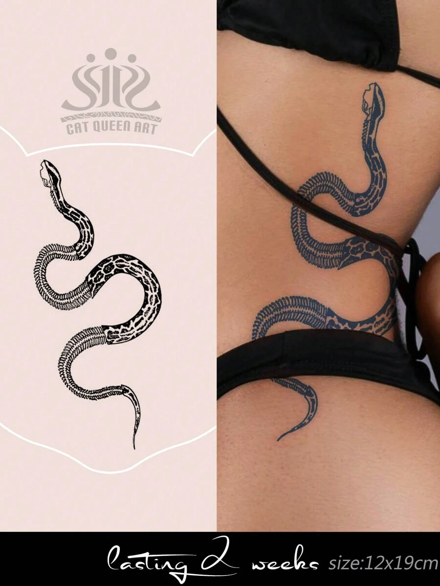 1 pieza Pegatina de tatuaje semipermanente grande con diseño floral, hueso & serpiente, duración de 7-14 días, sin reflejos, resistente al agua para brazo, pierna, hombro, cuello, clavícula y Body - Azul - Ver 1